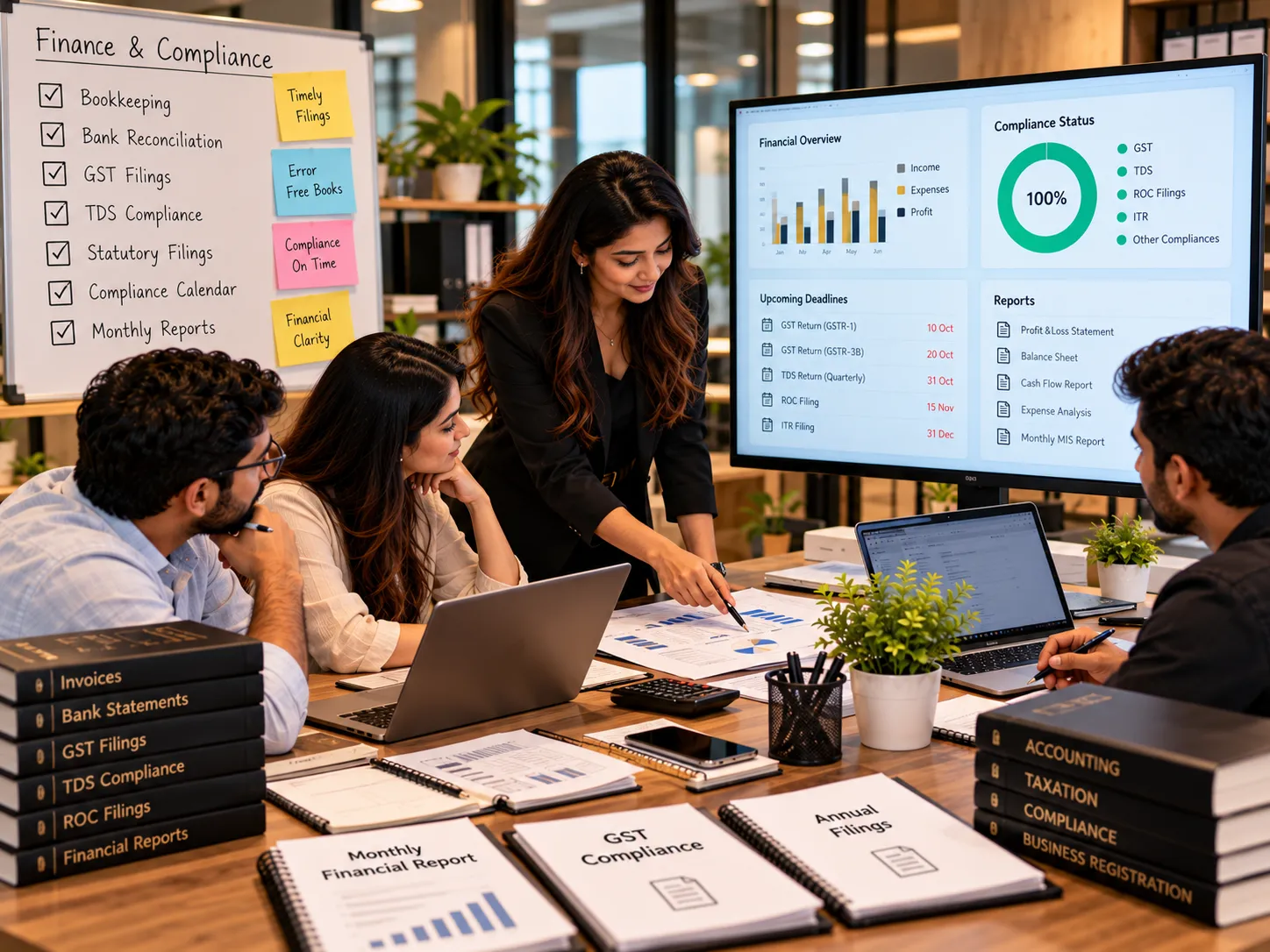 Financial services team reviewing reports